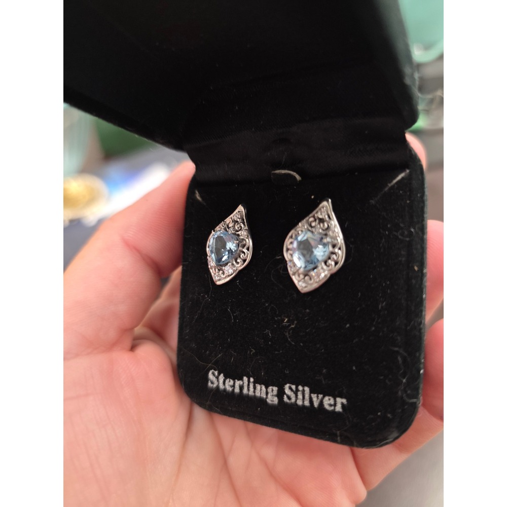 Sterling Silver Blue Topaz Heart Filigree Marquise Stud Earrings Vintage Style - Picture 6 of 16